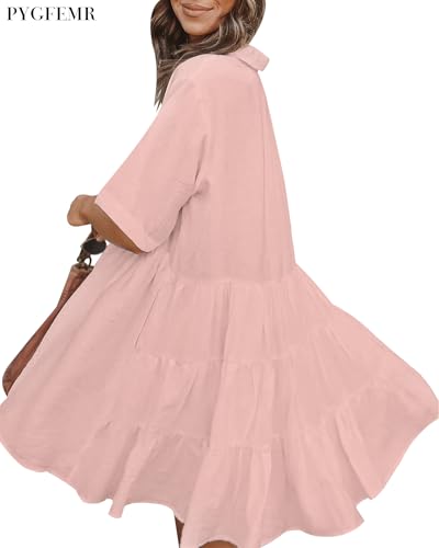 Image of PYGFEMR Women's Short Sleeve Babydoll Dress Button Down Dresses with Pockets