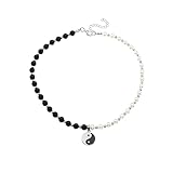 Yin Yang Pendant Choker Necklace Beaded Pearl Link Chain for Women Men Chinese Philosophy Cool Hip Hop Jewelry