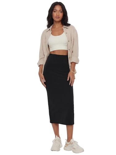 Image of Rooscier Women's High Waisted Pencil Midi Skirt | Stretchy Bodycon Knee Length Skirts with Back Slit