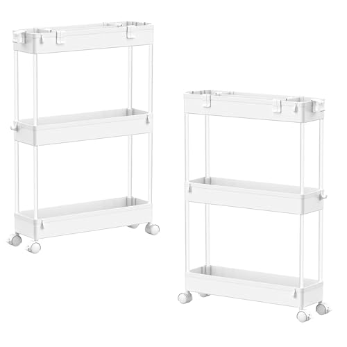 Image of SPACELEAD 2-piece Set Slim Storage Cart 3 Tier,Bathroom Organizer Rolling Utility,Mobile Shelving Unit Slide Out for Office, Kitchen, Laundry Room & Narrow Places