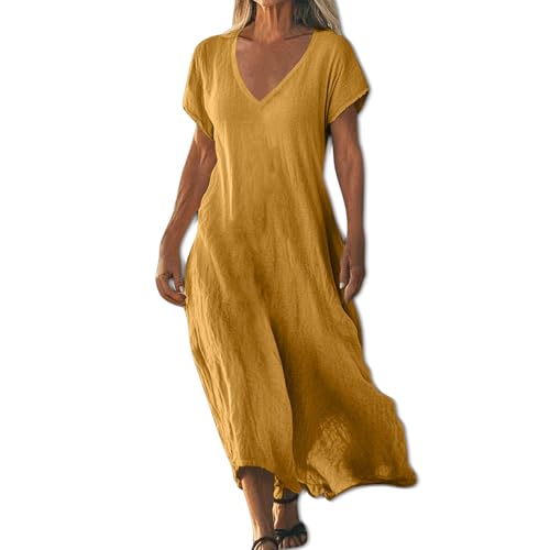 Linen Dresses for Women 2026 Cotton Linen Maxi Dresses,V Neck Cotton for Women, Comfortable, Casual and Flowy (Earthy Yellow,L)