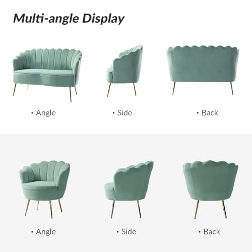 Image of HULALA HOME 3 Piece Velvet Living Room Furniture Set, Including Loveseat & 2 Sofa Chairs, Modern Comfy Upholstered 2-Seater Sofa & Accent Chair Set for Bedroom, Flower Shaped Back & Gold Legs, Sage