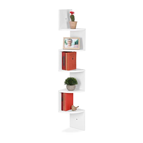 Relaxdays Étagère d’Angle à 5 Plateformes, à Suspendre, Design Zigzag, Murale, MDF, HxLxP 122 x 19,5 x 19,5 cm, Blanc