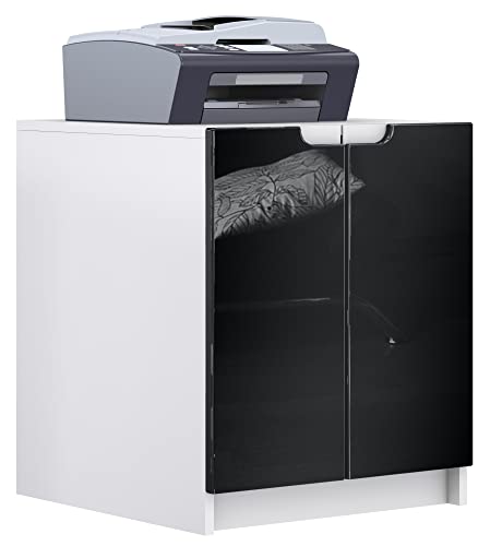 Vladon Druckerkommode Logan, Aktenschrank mit 2 Fächern und 2 Türen, Korpus in Weiß matt, Fronten in Schwarz Hochglanz, (51 x 60,5 x 54 cm)