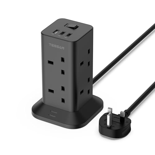 TESSAN Tower Black Extension Lead with 2 USB C Slots, 8 Way Multi Plug Extension Socket 2M Cable, Surge Protected Power Strip with Switch for Home, School Supplies