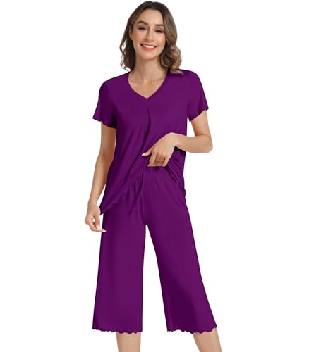 Image of NACHILA Women's Pajama Sets Cooling Bamboo Viscose V-Neck Top & Capri Pants | Lightweight, Breathable, Moisture-Wicking, Buttery Soft, Ideal for Hot Sleepers, Night Sweats and Hot Flashes, Sleep & Lounge