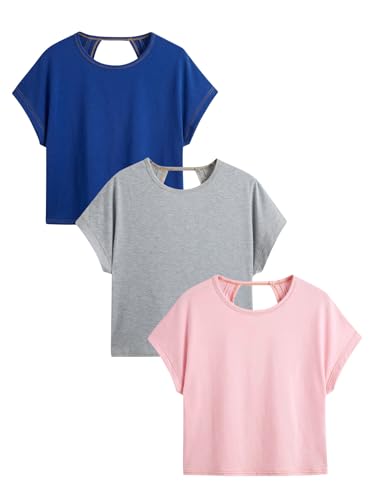 Image of RoseSeek Women's 3 Packs Open Back Tops T Shirt Criss Cross Cut Out Tee Short Sleeve Crewneck Summer Backless Tops