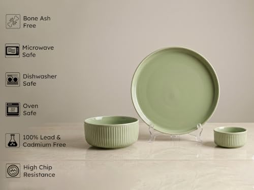 Image of Bodhi House 14-Piece Ribbed Porcelain Dinner Set for 6, 6 Dinner Plates, 6 Katori & 2 Serving Bowls, Chip Resistant, Lightweight Microwave & Dishwasher Safe Crockery Set for Home & Gifting, Tea Green