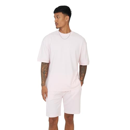Image of BRAVE SOUL Mens Matching T-Shirt and Shorts Set Summer Outfit with Short Sleeves, Ideal for Casual, Gym, or Holiday Wear, Pink Colour, Size- L