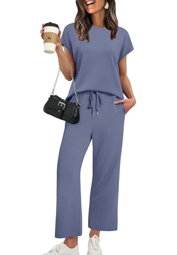 XIEERDUO 2 Piece Lounge Sets for Women Summer Fashion Travel Outfits Spring Trendy Tracksuit Cap Sleeve Loungewear Wide Leg Track Suit Airport Cruise Resort Wear Women's 2026 Vacation Clothes Blue M