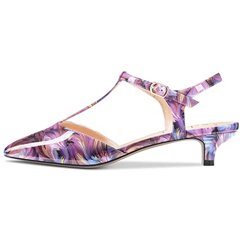 Aachcol Women Low Kitten Heel Pumps T-Strap Ankle Strap Pointed Toe Slingback Dress Shoes Office Party Wedding Patent 1 Inch2