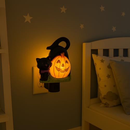 Image of Novelty Lights LED Lamp Pumpkin with Black Cat Halloween Decoration Night Light with Swivel Plug