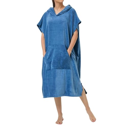 Generisch Albornoz para mujer, absorbente de agua y secado rápido, poncho de baño con capucha, albornoz suave con bolsillo, albornoz para playa, piscina, casa, surf, poncho para adultos, O azul