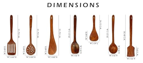 Image of Green Wood Stylish Wooden 7 Pcs Cooking Spoon, Kitchen Tool Set - Serving Spoon, Table Spoon, Salad Spoon, Measuring Spoon | Medium, Non-Chemical, Eco-Friendly (Brown1)