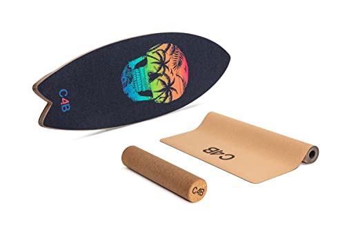 C4B Wake-Board, Tabla de Equilibrio con Esterilla y Rodillo de Corcho, Tabla de Surf (100% Madera), Trick Board para Uso Interior, 100% Diversión Garantizada (Calavera de Palmeras)