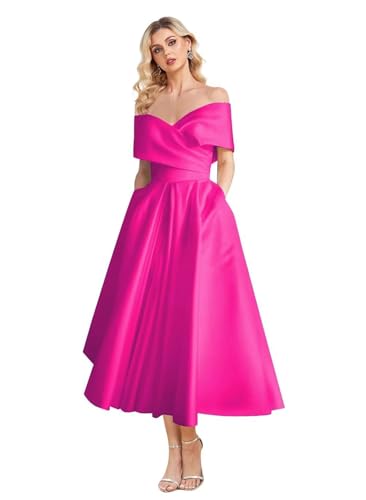 Image of Women's Off Shoulder Wedding Dress for Bride Tea Length A Line Satin Formal Prom Dresses with Pockets