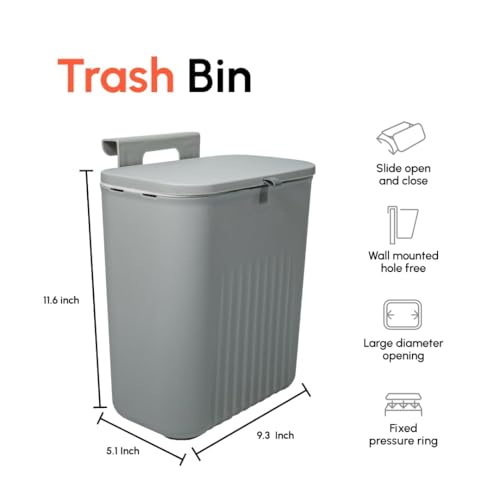 Image of Plastic Hanging Trash Can With Lid, Double-Sided Open Design, Cabinet Door Hanging Wall Storage Bucket for Kitchen (9 Litre Grey)