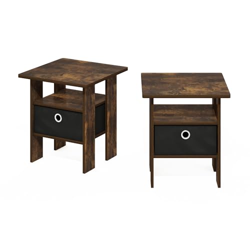 Image of Furinno Andrey Set of 2 Square Side Table, End Table, Amber Pine | Open Shelves and Storage Bin, Square Modern Night Stand, Bedside Table, for Living Room, Bedroom