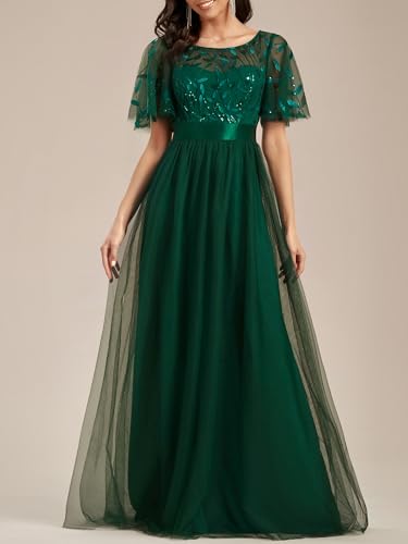 Image of Ever-Pretty Sequin Formal Prom Dresses for Women Ruffle Sleeves Empire Waist A-Line Long Mother of Bride Dress 00904