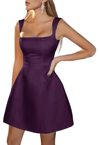 Image of Spaghetti Straps Short Homecoming Dresses Sqaure Neck Satin Mini Cocktail Dress Wedding Party Gowns