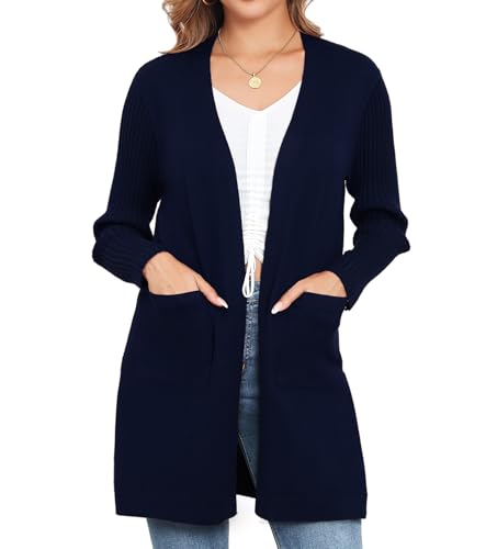 Image of Women's Cardigan Sweaters V-Neck Long Sleeves with Two Pockets Side Split Hem Open Front Knit Casual Cardigan