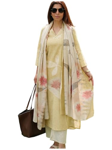 Image of GoSriKi Women Cotton Blend Straight Fit Printed Kurta Pant Dupatta Set | V Neck Three Quarter Sleeve Ensemble | Soft Breathable Fabric | Comfortable Elegant Styling for Office Casual Wear