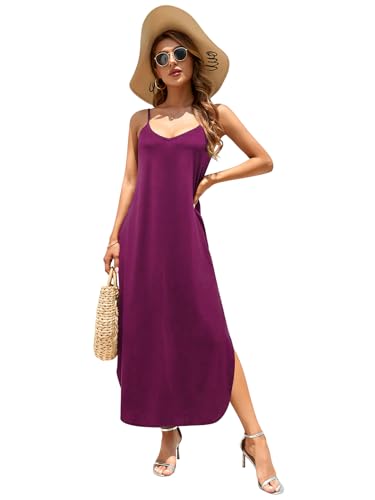 Image of HUSKARY Women's Summer Casual Sleeveless V Neck Strappy Split Loose Dress Beach Cover Up Long Cami Maxi Dresses with Pocket