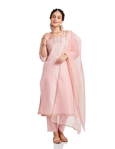 Image of Amazon Brand - Myx Women's Embroidered Kurta Pant Set with Organza Dupatta | Salwar Suit (Available in Plus Sizes)