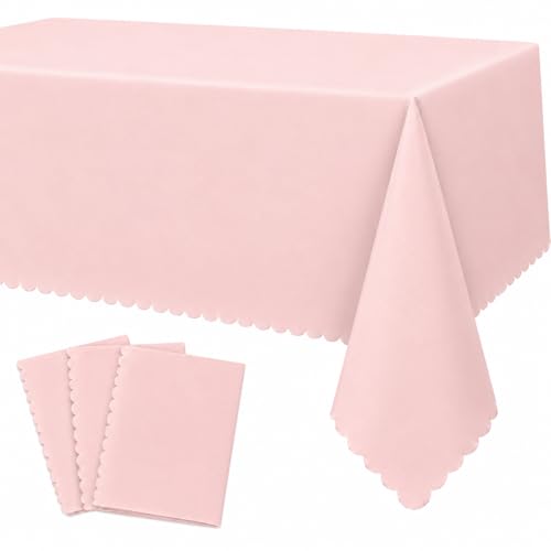 Image of Oigco 3 Pack Pink Plastic Tablecloth - 54 inch x 108 inch Light Pink Rectangle Disposable Scalloped Table Cloth, Pastel Plastic Cover for Birthday, Baby Shower, Wedding, Pink Party Decorations