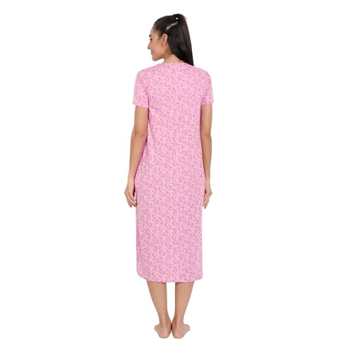 Image of BLAZON Women's Cotton Hosiery Elegant Maxi Nightdress with Lace Detailing, Floral Print, Pockets & Half Sleeves