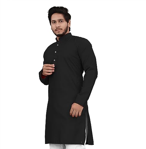 Image of Cotton Blend Full Sleeve Long Plain Kurta for Men
