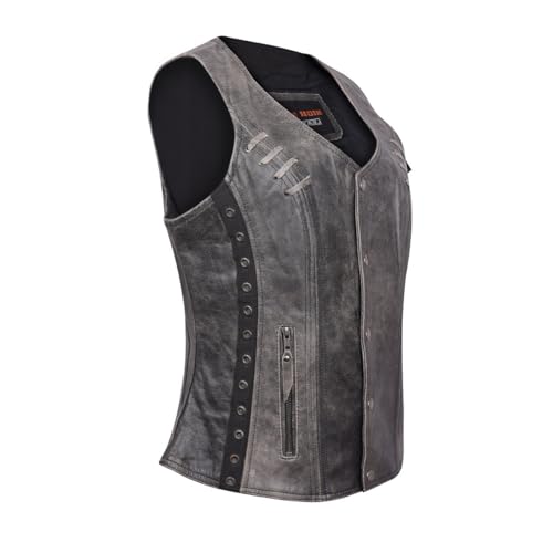 Women's Black Premium Cowhide Biker Motorcycle Leather Vest with Cowgirl Western Leather Outwear, Adjustable Side Buckles