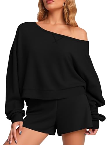 Fisoew Womens Off The Shoulder Crop Tops Casual Long Sleeve Oversized Fall Pullover Sweatshirts Black