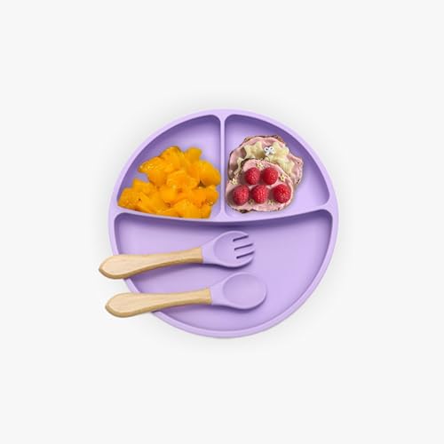Image of Kids Station 3 Piece BPA-Free Silicone Baby Feeding Set - Baby Plate - Spoon and Bowl - Make Mealtime Fun - Microwave Safe - Unbreakable Eco-Friendly - Organic & Natural (Plate (Set of 3), Purple)