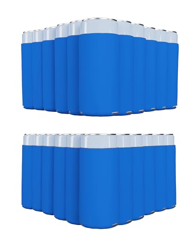 Image of PartyPrints 25 Pack Cerulean Blank Slim Can Cooler Sleeves | Plain Seltzer Customizable Bulk Coolers for Beer Bottles & 12oz Tall Cans | Skinny Collapsible Drink Insulated Sleeve