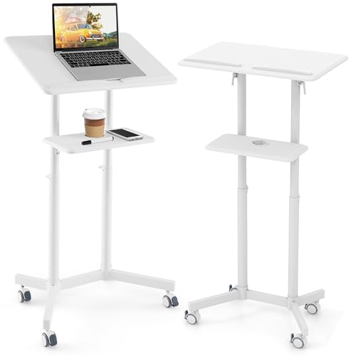 LIFEZEAL Atril Podio para Conferencias con Altura Ajustable, Mesa De Presentaciones Inclinable, 4 Ruedas Giratorias Bloqueables, Porta PC, Escritorio para Aula Iglesia, 60 x 40 x 104,5-128,5 cm