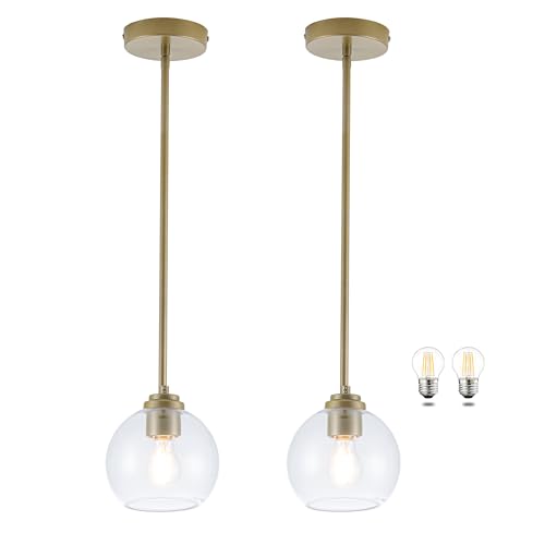 MAYNA 2 Pack Brass Globe Pendant Light Fixture, Modern Clear Glass Shade Hanging Island Lights for Kitchen, Mid Century Pendant Lights for Kitchen Island Dining Room (Bulb Included)