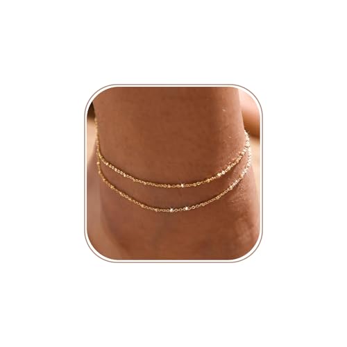 MIDEEO Gold/Silver Ankle Bracelets for Women,14K Gold Anklets for Women Waterproof Cuban Link Heart Beads Herringbone Rhinestone Anklets Set Layered Anklet Bracelets Gold Jewelry Gift