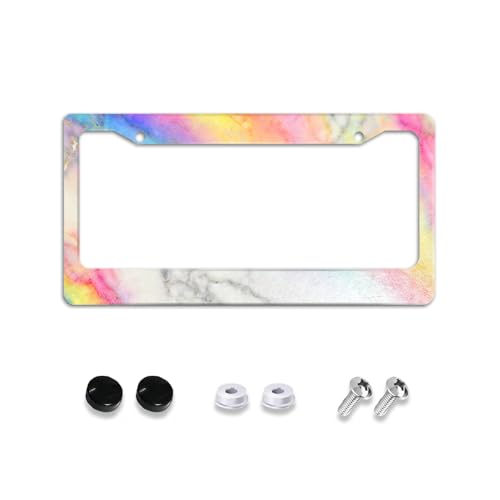 White Marble Rainbow Gradient License Plate Frame Holder Cover Car Accessories, Aluminum Auto Car Tag Frame With 2 Holes And Screws Novelty Decoration Accessory For Women Men 12x6''US Vehicle Standard