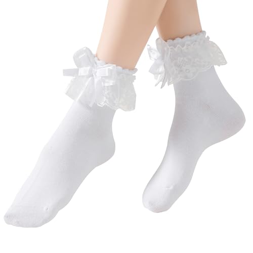 Image of AMHRLINGTO Lace Ruffle Frilly Socks for Women, Comfortable Cotton Lace Ankle Socks with Bow