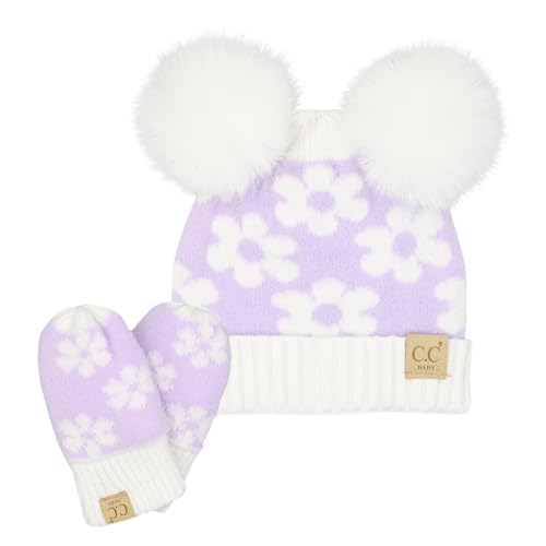 Image of C.C. Baby Daisy Double Knit Skully Beanie and Gloves Set for Toddler with Faux Fur Pom Pom