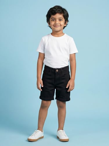 Image of KiddoPanti Boys Knee-Length Denim Shorts | Stretchable Cotton Poly Denim | Comfortable Fit with Button Elasticated Waistband & Zip Fly