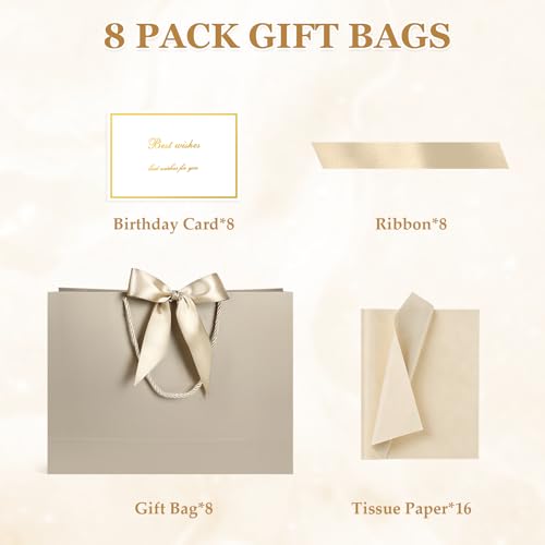Image of JMANNI Gift Bags with Handles, 13 inch Medium Gift Bag for Presents, 8 Pcs Bags with 16 Tissue Paper and 8 Cards for Baby Shower Wedding Bridal Shower Mother's Day Birthday Party(Champagne Gold)