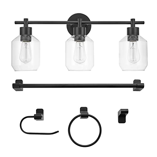 Image of Globe Electric 65556 All-in-One 5-Piece Bathroom Set, Matte Black Finish, 3-Light Vanity with Clear Glass Shades, Towel Ring, Toilet Paper Holder, Robe Hook, and Towel Bar, Modern Bathroom Lighting
