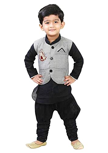 KRISHNA INDUSTRIES Boys Cotton Blend Sherwani Style Kurta Set (Black, 1-2 Years)
