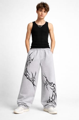 Image of Men's Baggy Track Pants,for Men - Tribal Print Oversized Fit Baggy Streetwear Gym Wear with Elastic Waist (in, Alpha, M, Regular, Light Grey)