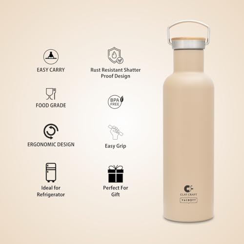 Image of Clay Craft Vacbott Hiker Combo Double Wall 18 Hours Hot & 24 Hours Cold Water Bottle Vacuum Insulated Flask Bottle 700ml, with Single Walled Victor Mug Set of 2 Steel Bottle|1Year Limited Warranty