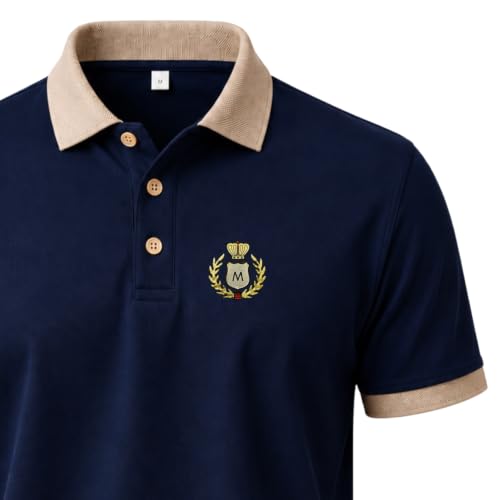 Men's Cotton Rich Polo T-Shirt with Crest Emblem Navy Blue