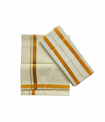 Kolakeer™ Men's Cotton 8x4 Zari Dhoti Angavastram Set - 3.6 Mtrs Veshti Mundu and 1.8 Mtrs Angavastram with Gold Zari Border2