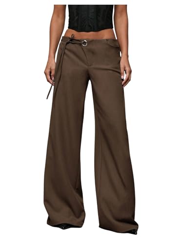 Women's Wide Leg Dress Pants Drawstring Eyelet Baggy Business Work Long Pants Trousers